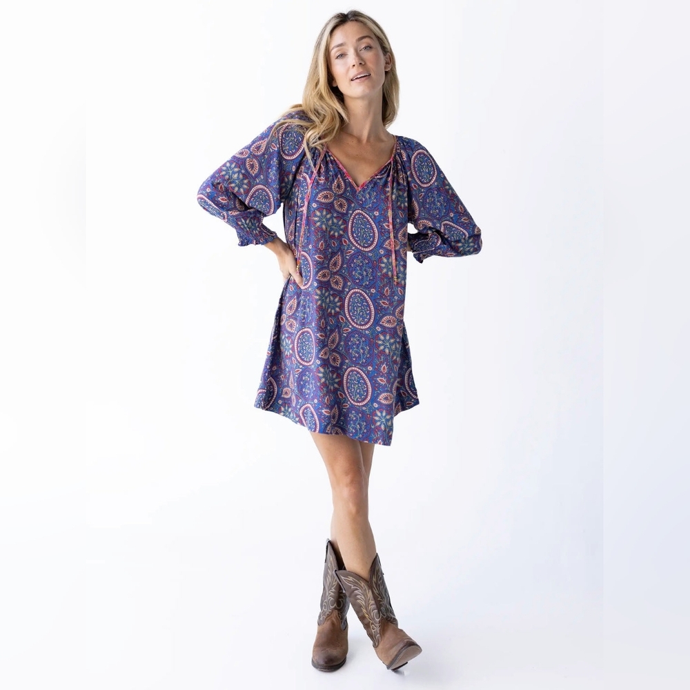 NATURAL LIFE Blue Paisley Tie-Neck Mini Dress